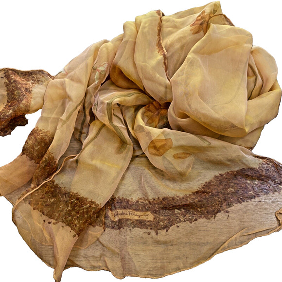 SALVATORE FERRAGAMO Sheer Scarf Silk Rectangle Burnt Orange Flowers Butterflies - Picture 5 of 11